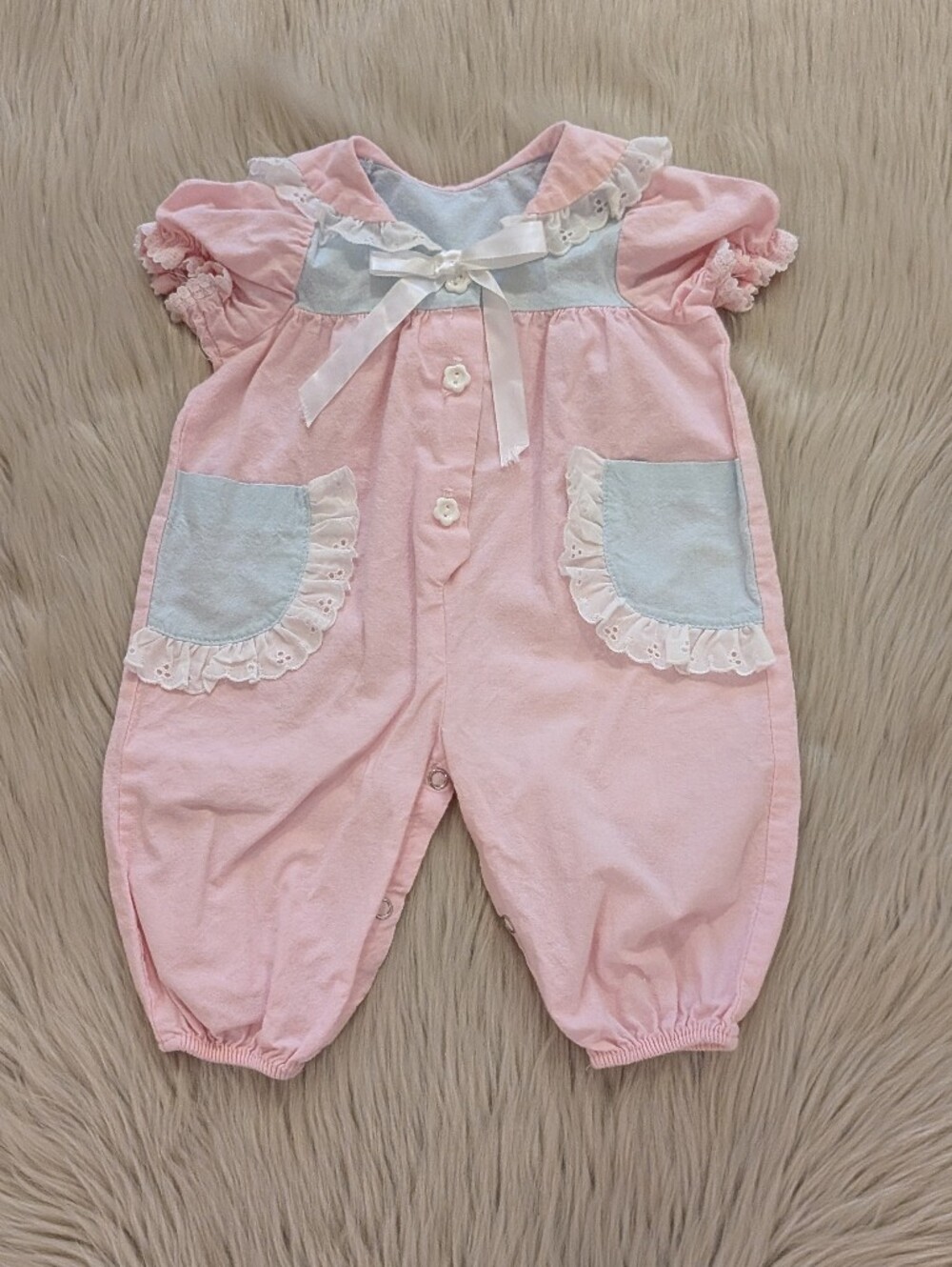 Vintage pale pink, white and blue one piece with eyelet trim size 24 M